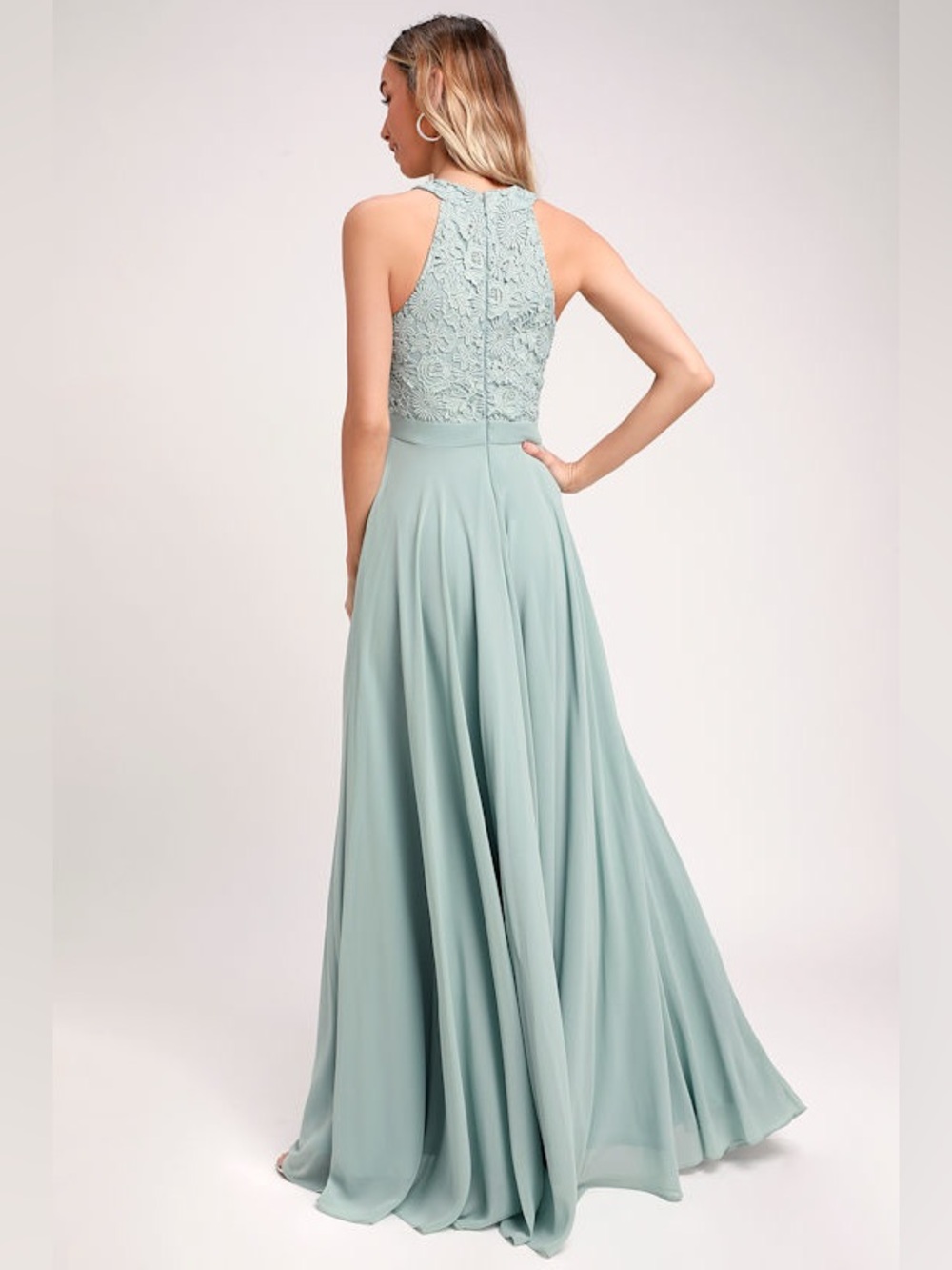 NWT Lulu's Sage Green Lace Halter Maxi Dress - Picture 2 of 14